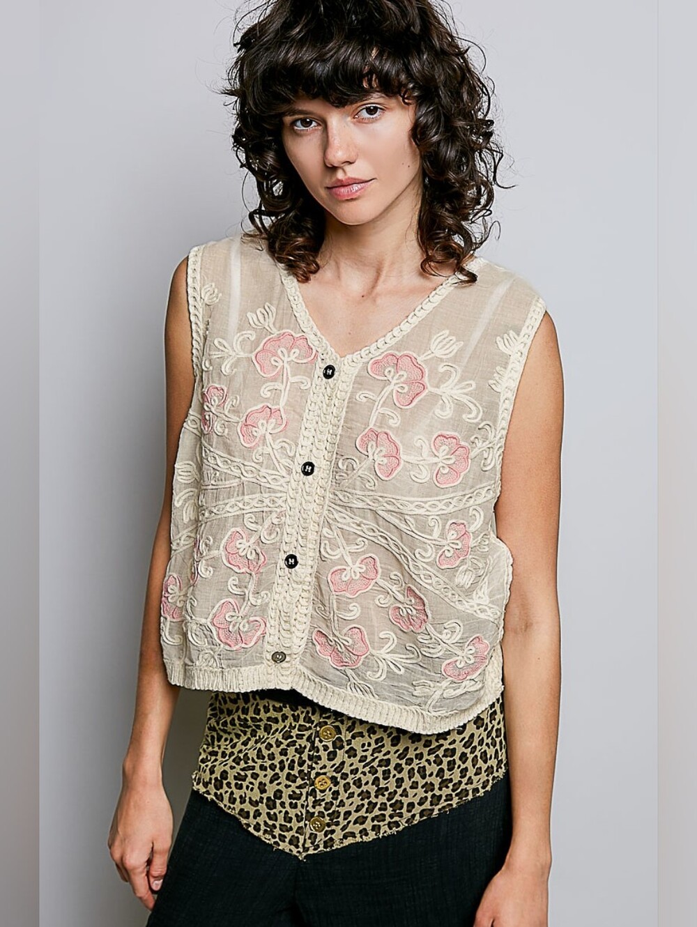 1-0705 POL Embroidered Cream Crochet Back Sleeveless Button-Front Vest